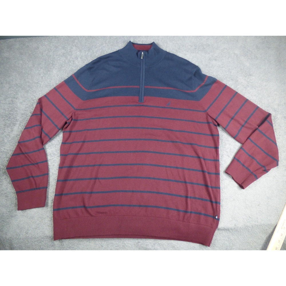 Nautica Navtech Mens 2XLT Quarter Zip Sweater Striped Burgundy Navy Blue Pullove
